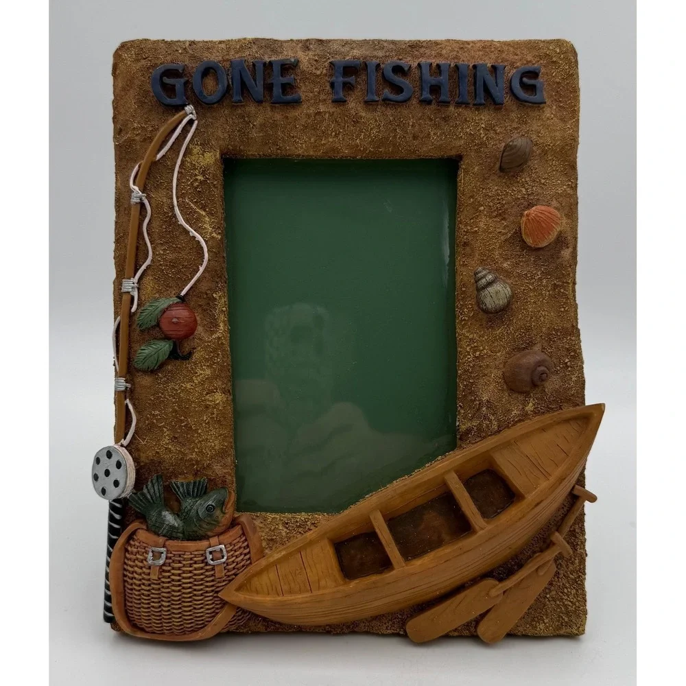 Gone Fishing Resin Picture Frame 3D Boat Fishing Pole Cabin Decor 3.5x5 Photo